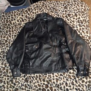 Missguided + Black Leather Jacket with Belt